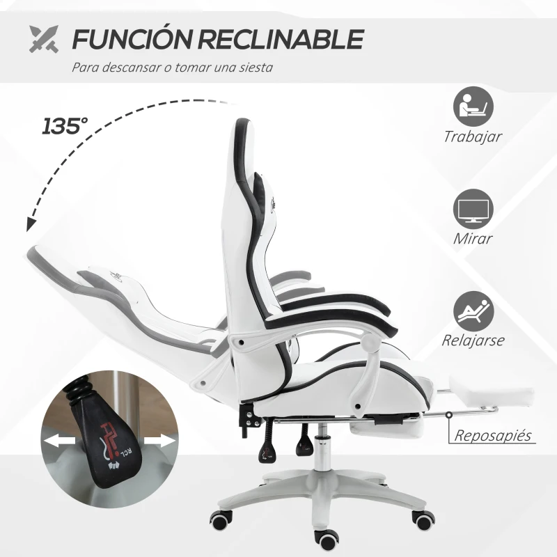 Vinsetto Silla Gaming Silla Gamer de Cuero PU Altura Ajustable Reclinable 135° Reposacabezas y Reposapiés 65x65x121-129 cm Blanco