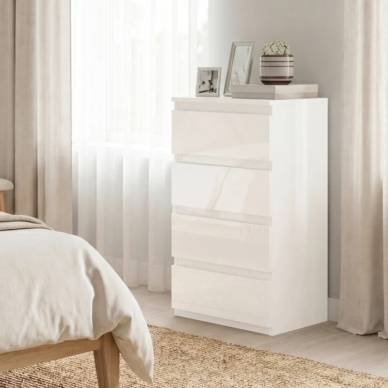 HOMCOM Cassettiera 4 cassetti Salvaspazio in Legno, 40x35x74 cm, Bianco Lucido