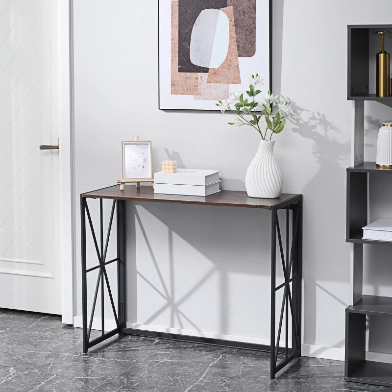 HOMCOM Tavolo Consolle da Ingresso Stile Industriale Pieghevole in Legno e Metallo, 100x38x80cm, Marrone