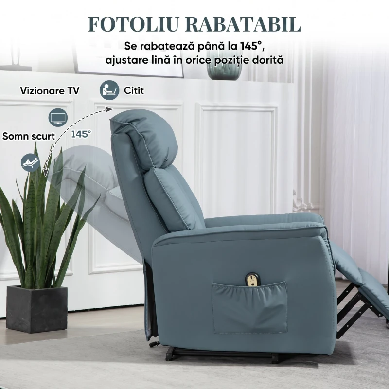 HOMCOM Fotoliu Relax Rabatabil Electric cu Funcție Alzător, Telecomandă și Suport pentru Picioare, 80x94x104cm, Albastru