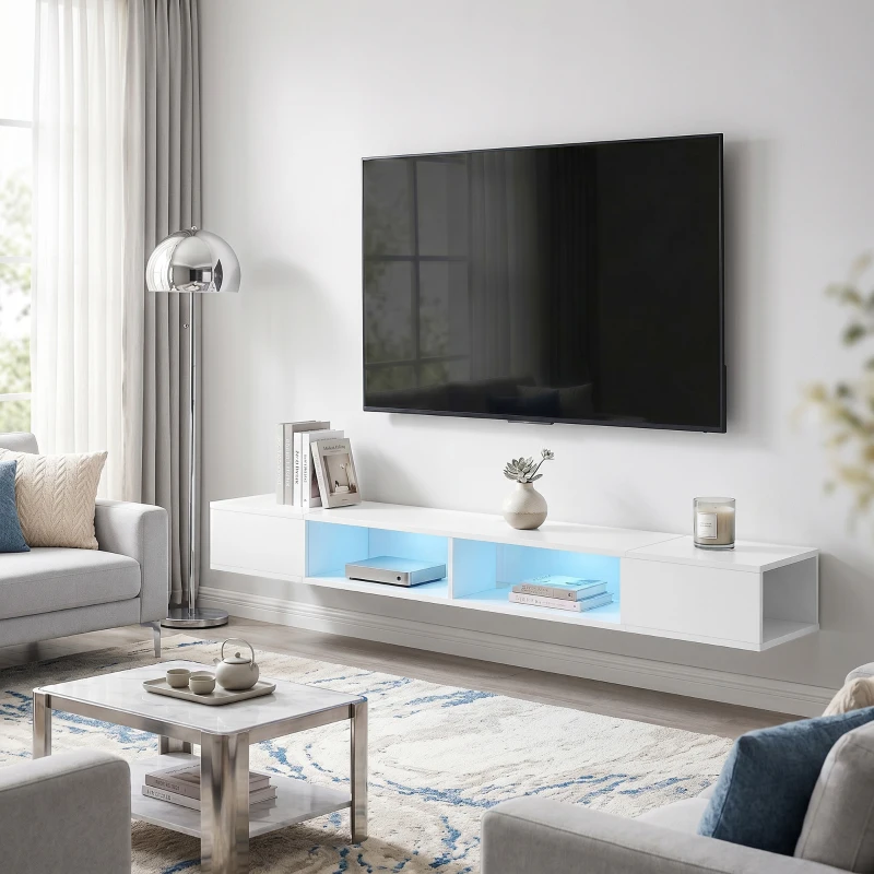 HOMCOM Comodă TV Suspendată cu Lumină LED cu Rafturi Deschise pentru Televizor 190,5 cm 177,8x30x18 cm Alb