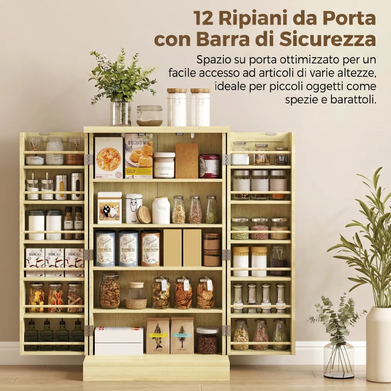 HOMCOM Dispensa 104 cm, 12 rastrelliere spezie, ripiani regolabili, legno naturale.