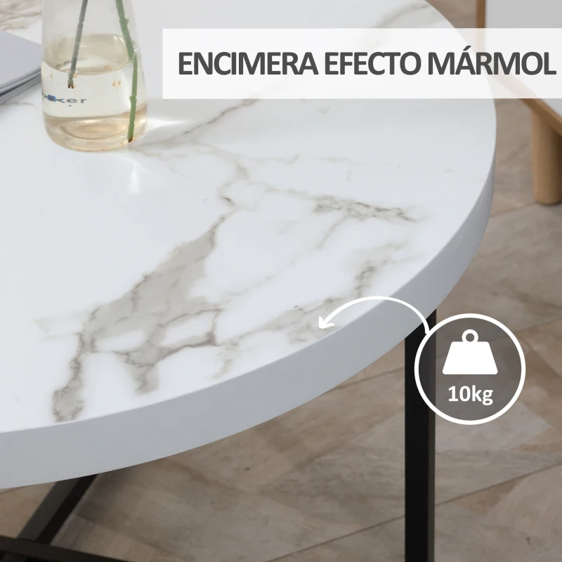 HOMCOM Mesa de Centro Mesa de Salón Redonda con Encimera Símil Mármol y Marco de Metal Estilo Moderno 80x80x45 cm Blanco