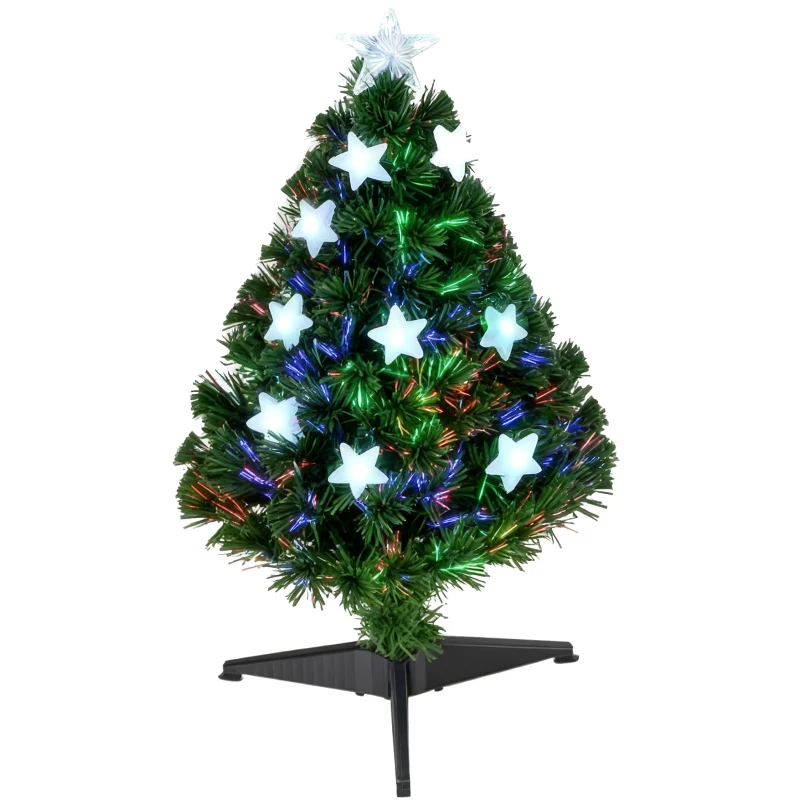 HOMCOM Albero di Natale a Fibre Ottiche 90cm Albero di Natale Artificiale con 12 Luci LED di 3 Colori e Rami in Plastica