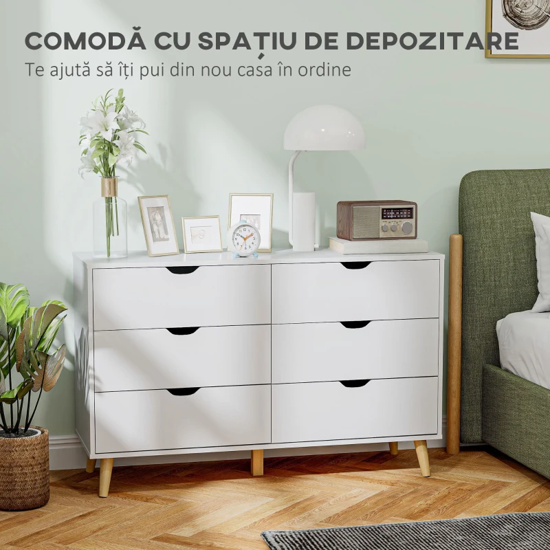 HOMCOM Comodă cu 6 sertare cu mânere laminate, din lemn de pin, 120x40x76 cm, albă și culoare lemn