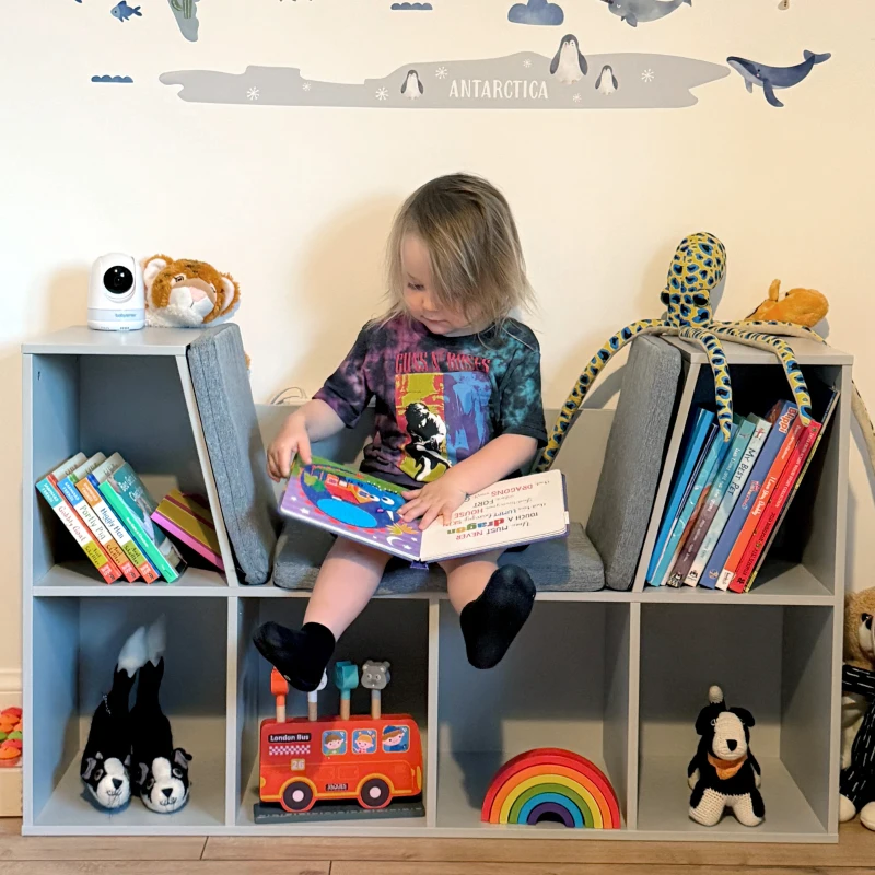 HOMCOM Kids Bookcase Shelf Storage Cabinet Unit, Living Room Sideboard w/ Six Compartments for Toys, Books - Grey