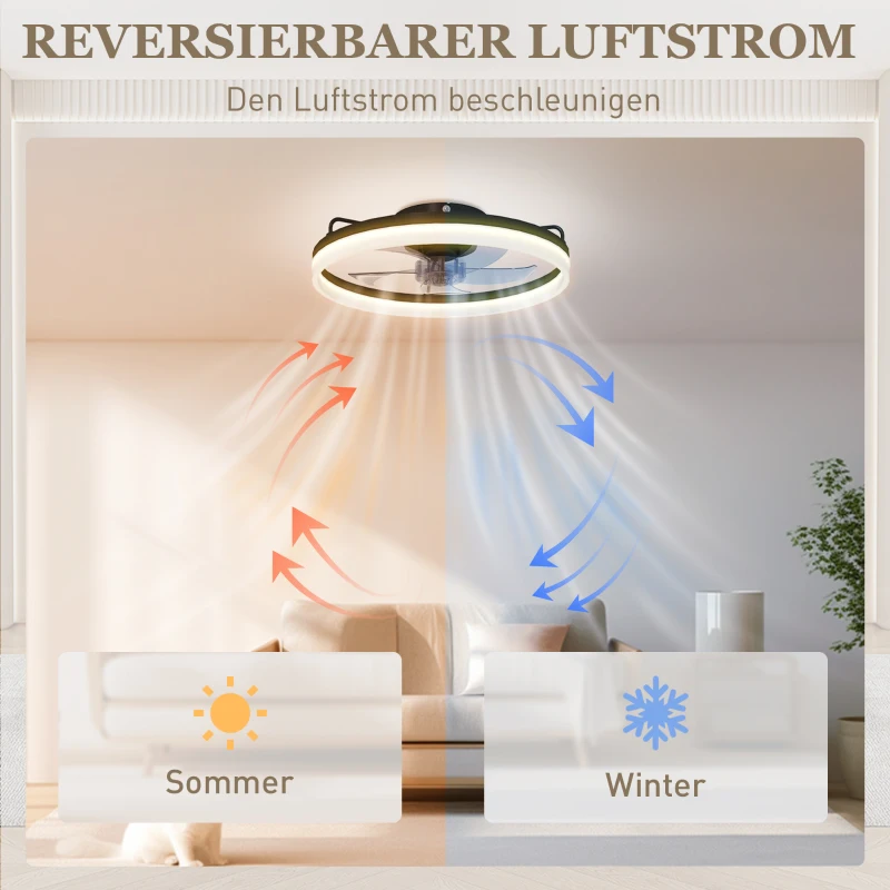 HOMCOM Deckenventilator mit Licht und Fernbedienung, 50 cm LED-Deckenventilator mit 3 Farben, 6 Geschwindigkeiten, Timer, Dimmbar