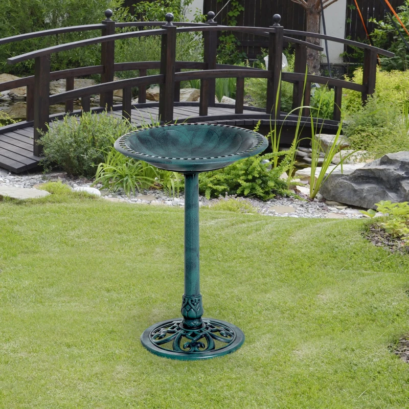 Outsunny Baño para Pájaros de Jardín Exterior con Diseño de Flor y Acabado Envejecido Ligero y Resistente Verde
