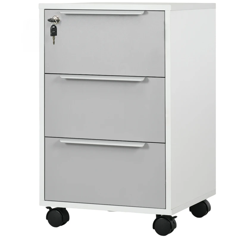 HOMCOM 3-Drawer Locking File Cabinet Mobile Chest of Drawers Side Table on Wheels for Home Office, Bedroom and Living room