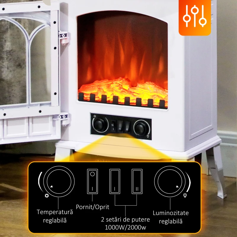 HOMCOM Șemineu Electric de Podea, Putere 1000W / 2000W, cu Efect de Flacără Reglabil, 39x23x56,5cm, Alb