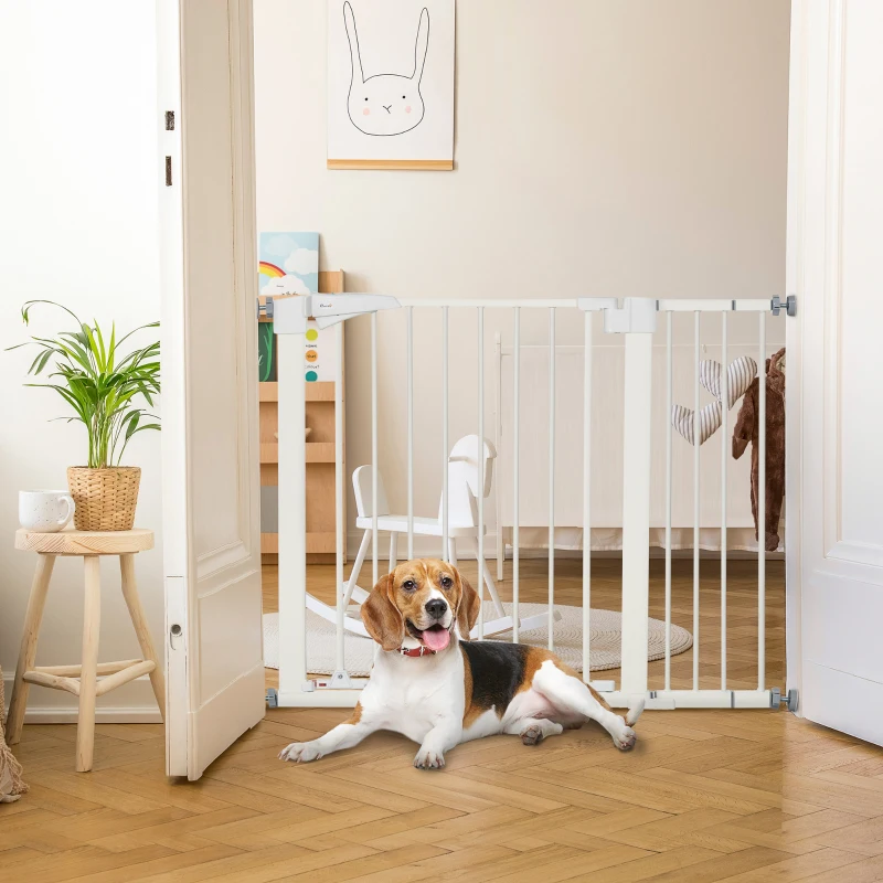 PawHut Cancelletto per Cani Taglia Piccola e Media con Doppia Serratura e Chiusura Automatica, 76-103x4.2x77 cm, Bianco