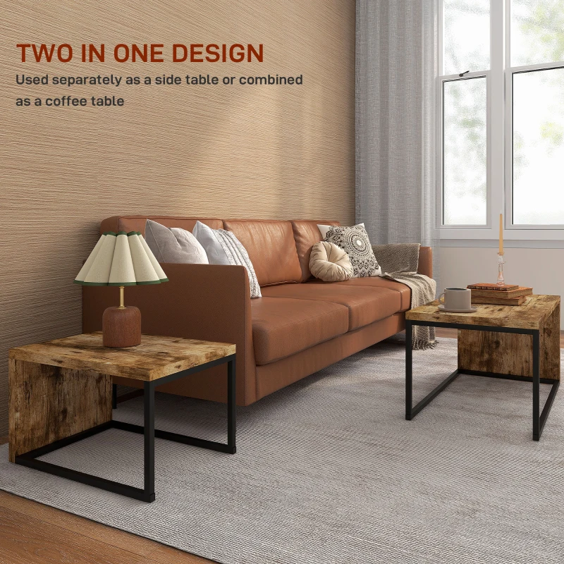 HOMCOM Coffee Tables Set of 2, Industrial Nesting Tables, Side Table with Metal Frame for Living Room, Rustic Brown