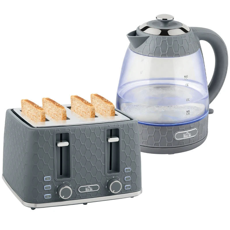 HOMCOM Kettle and Toaster Set, 1.7L 3000W Rapid Kettle with Strix Thermostat, 4 Slice Toaster with 7 Browning Controls, Grey