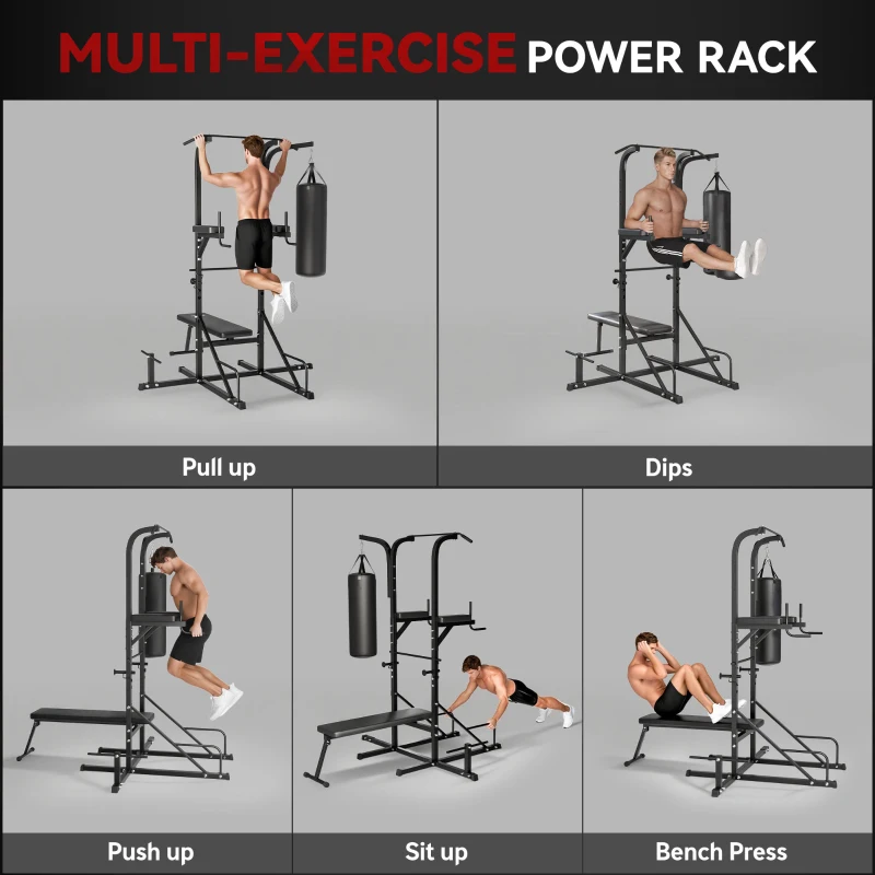 HOMCOM Home Gym Power Tower with Bench and Punching Bag, Multi-Function Adjustable Dip Sit Up Workout Station Equipment Heavy Duty for Home