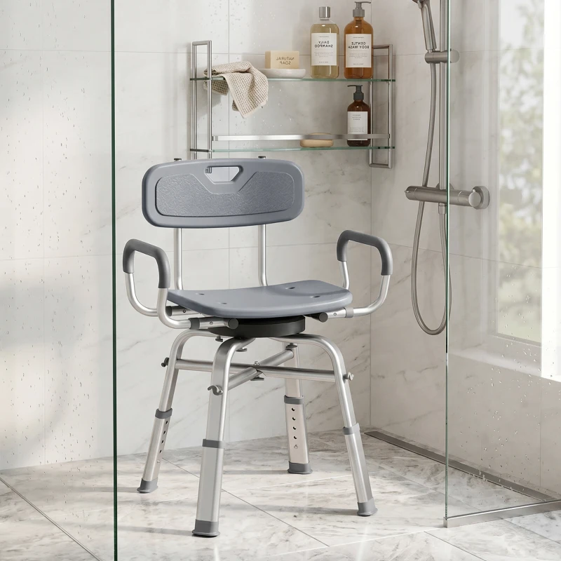 HOMCOM Sedia per Doccia Girevole ad Altezza Regolabile con Braccioli, Schienale, Capacità 150 kg, Grigio