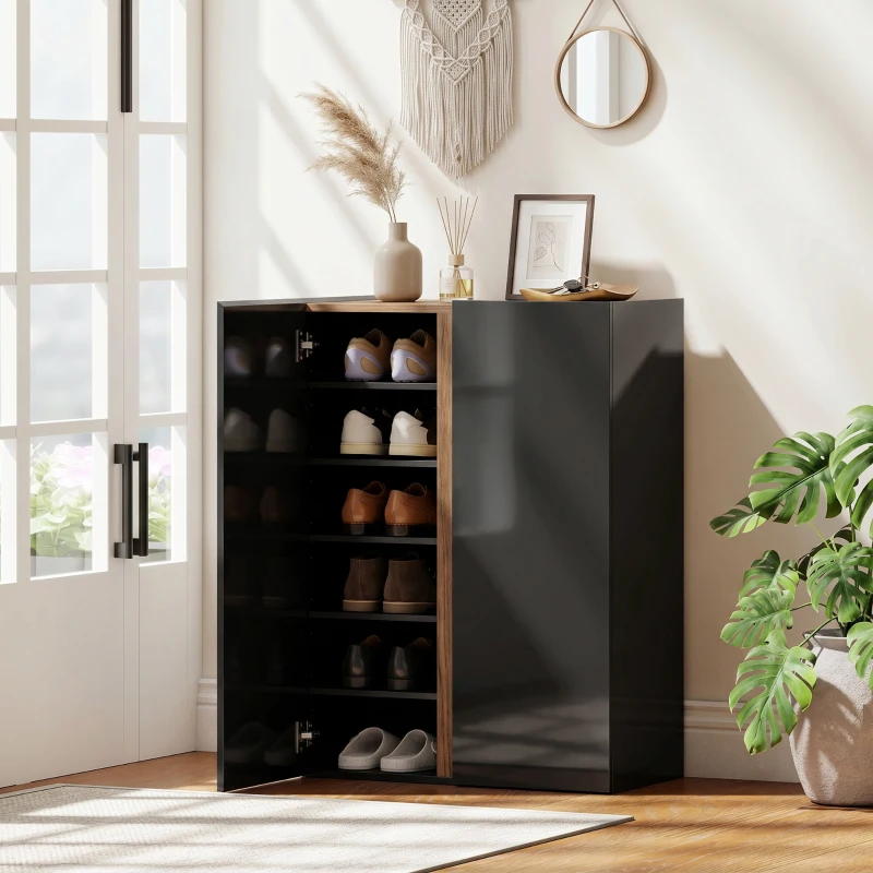 HOMCOM Schuhschrank mit leiser Sicherheitsöffnung, 6 Ebenen, grifflose Design, Hochglanz Schwarz