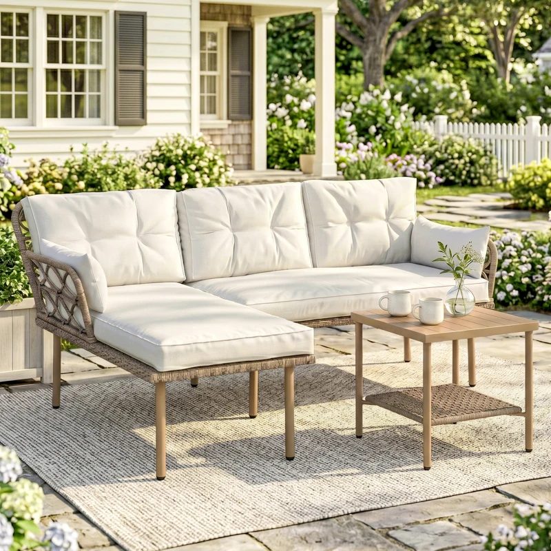 Outsunny Set mobilier grădină colțar 4 persoane, 3 piese cu măsuță și perne confortabile incluse, ratan împletit, crem