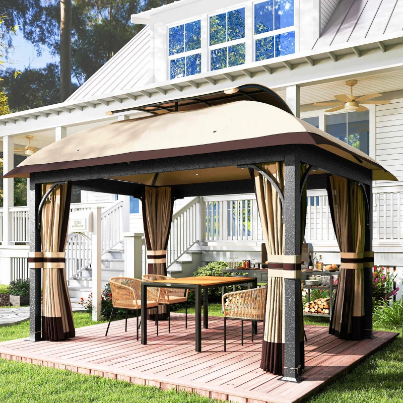 Outsunny Gartenpavillon, 3,3 x 4 m Gartenzelt mit Netz-Vorhängen, zweistufiges Dach, Kunstleder-Bezug, Metallrahmen, Khaki