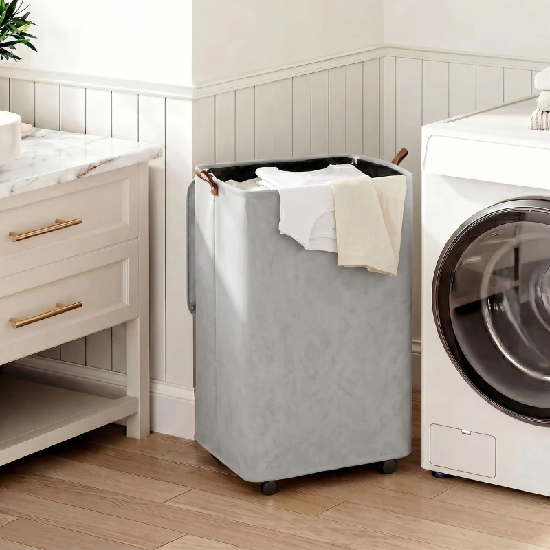 HOMCOM Cesto de Roupa Suja com Tampa e Rodas, 50L, Dobrável com Saco com Cordão Removível, 40x30x65 cm, Cinzento