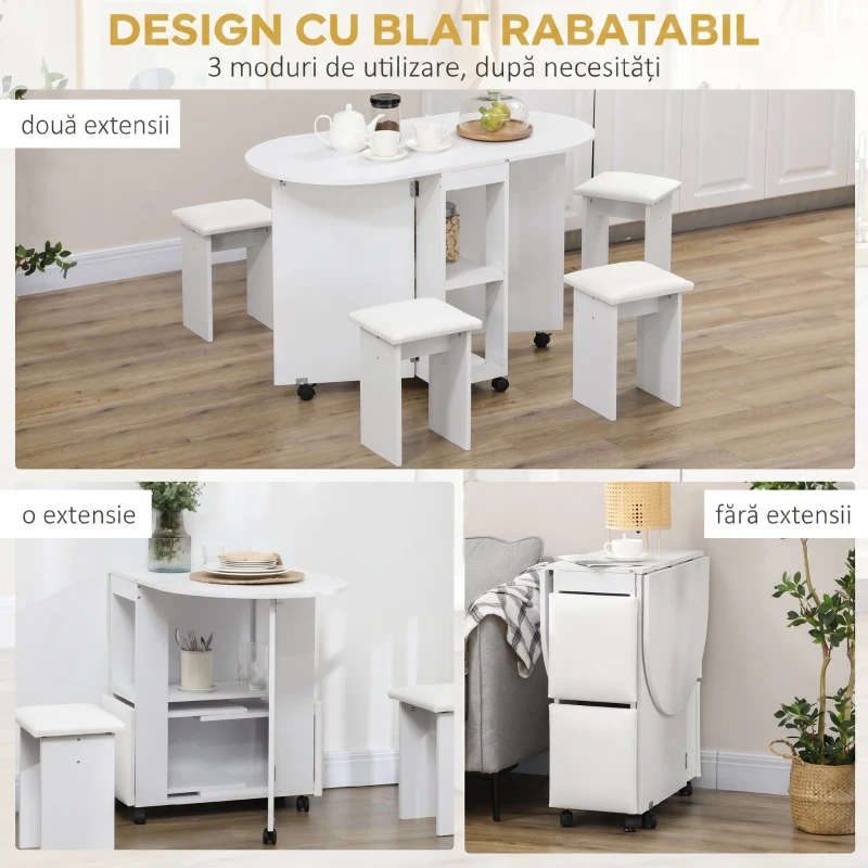 Set HOMCOM 5 piese, masă pliabilă cu 2 rafturi și 4 scaune din PAL, alb