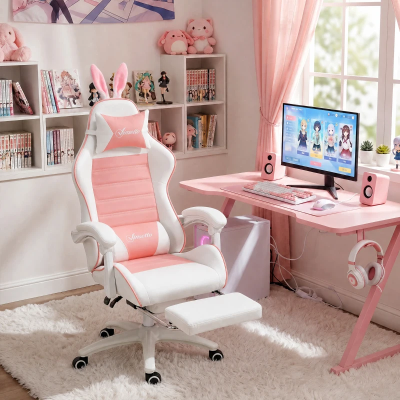 Vinsetto Chaise de gaming avec support lombaire, hauteur réglable, dossier inclinable, oreilles de lapin et appui-tête, rose