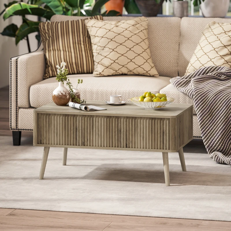 HOMCOM Mesa de Centro Elevable con Compartimentos Ocultos de Almacenaje y Patas de Pino para Salón Comedor 91x56x43 cm Roble