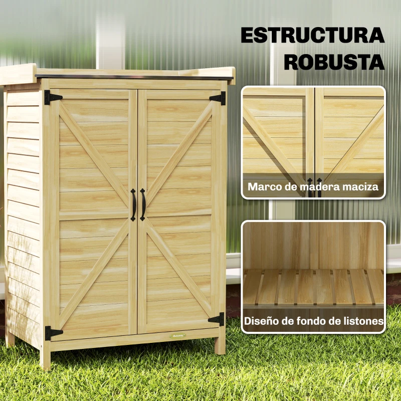 Outsunny Cobertizo de Jardín Exterior de Madera con Techo de Metal y Ganchos para Almacenaje Herramientas 71,5x39x95 cm Natural