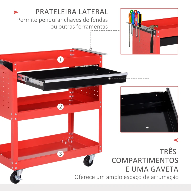 DURHAND Carrinho de Ferramentas com 3 Bandejas e Gaveta Rodas com Travões Pega Lateral Painel Lateral Perfurado 82x35x76 cm Vermelho