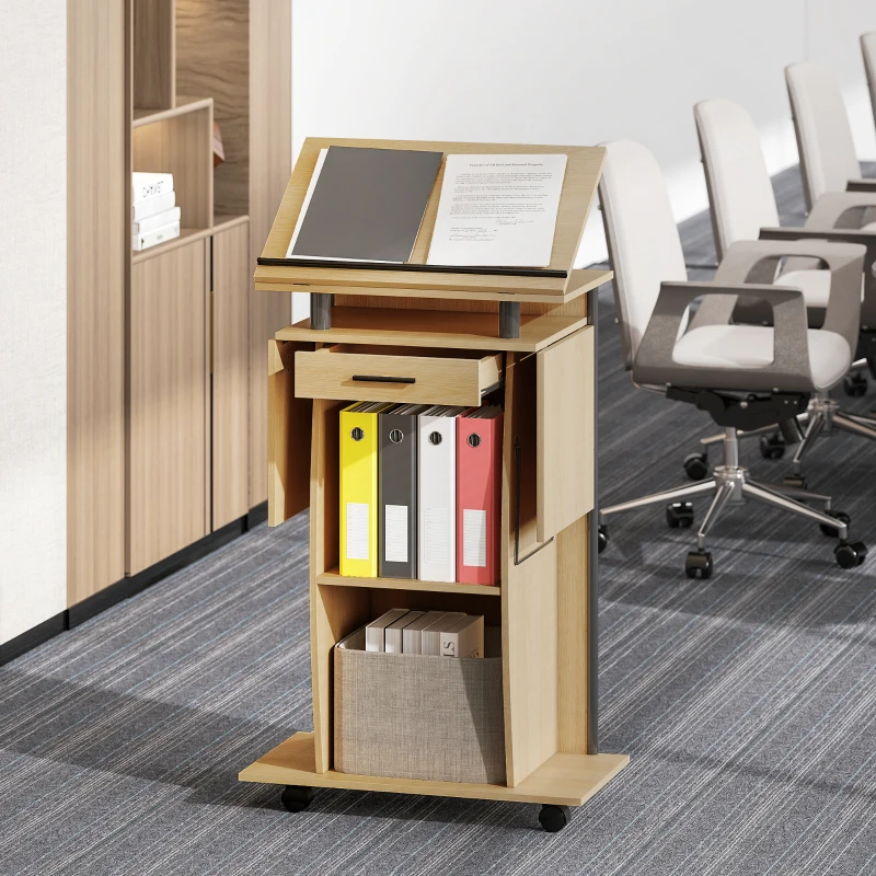 HOMCOM Rollbarer Podiumsständer, Redepult mit klappbaren Seitenflügeln, Laptop-Tisch mit Schublade und Regalen, Eichenoptik