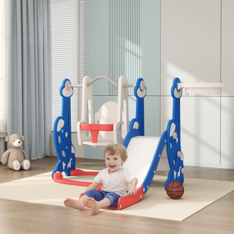 AIYAPLAY 4-in-1 Kinderrutsche mit Schaukel, Kletterleiter und Basketballkorb, 18-48 Monate, Dunkelblau