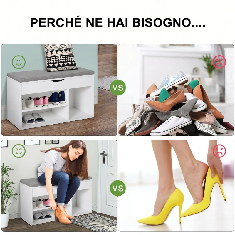 HOMCOM Panca Scarpiera, Mobile Portascarpe Salvaspazio con Sedile Imbottito Ribaltabile da Ingresso Legno, 80x30x47cm, Bianco