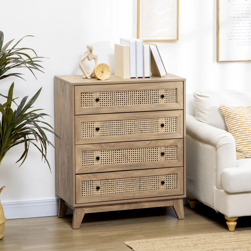 HOMCOM Comodă cu 4 Sertare și Inserții din Rattan Stil Boho, 80x35x95 cm, Lemn Natural