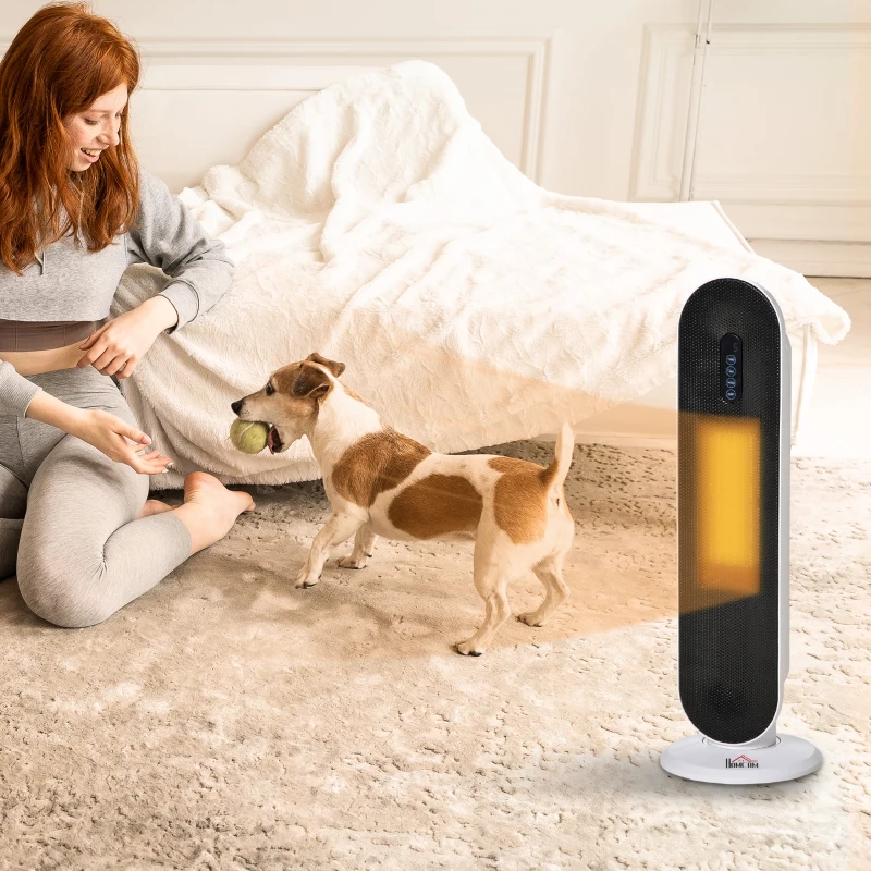 HOMCOM Radiator Electric Oscilant cu Telecomandă, Timer și 2 Moduri, din PP, PA și Metal, 21x21x63,5 cm, Alb și Negru