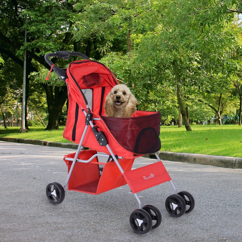 PawHut Passeggino per Cani Piccoli Pieghevole, Carrozzina per Cani con Ruote con Freni, Portabicchieri, Cestino Portaoggetti, 3 Finestre e Ruote Anteriori a 360°, per Animali Domestici 10 kg, Rosso