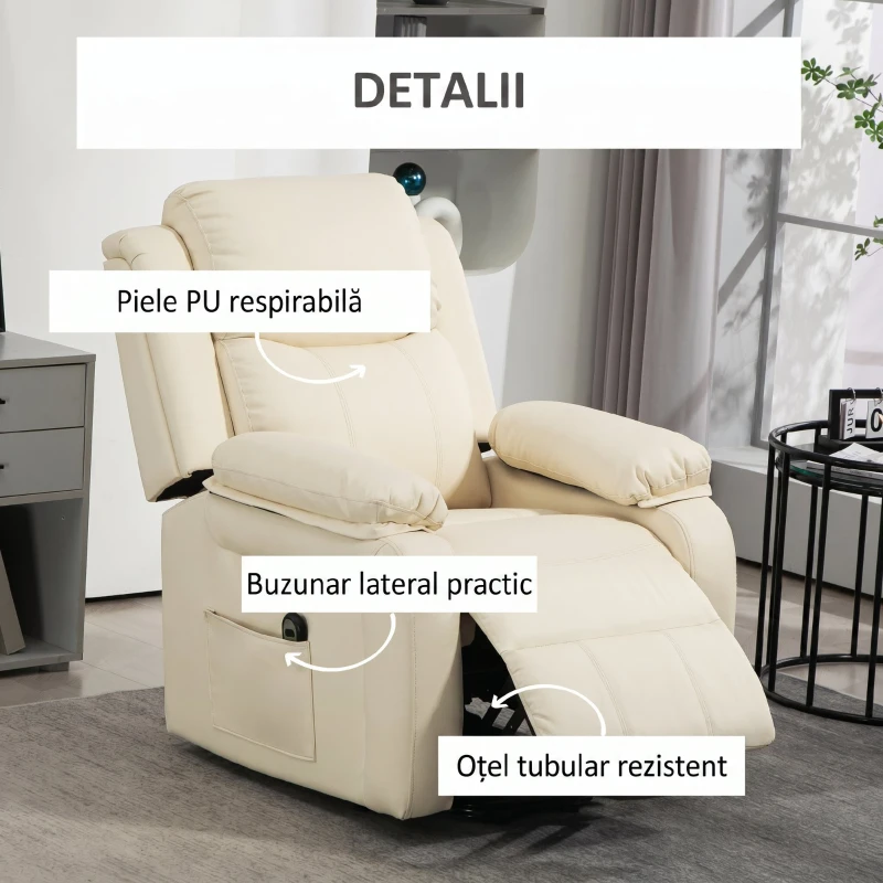 HOMCOM Fotoliu cu Funcție de Ridicare Reclinabil la 160° cu Suport pentru Picioare și Telecomandă, din Piele PU și Oțel, 76x90x105 cm, Crem