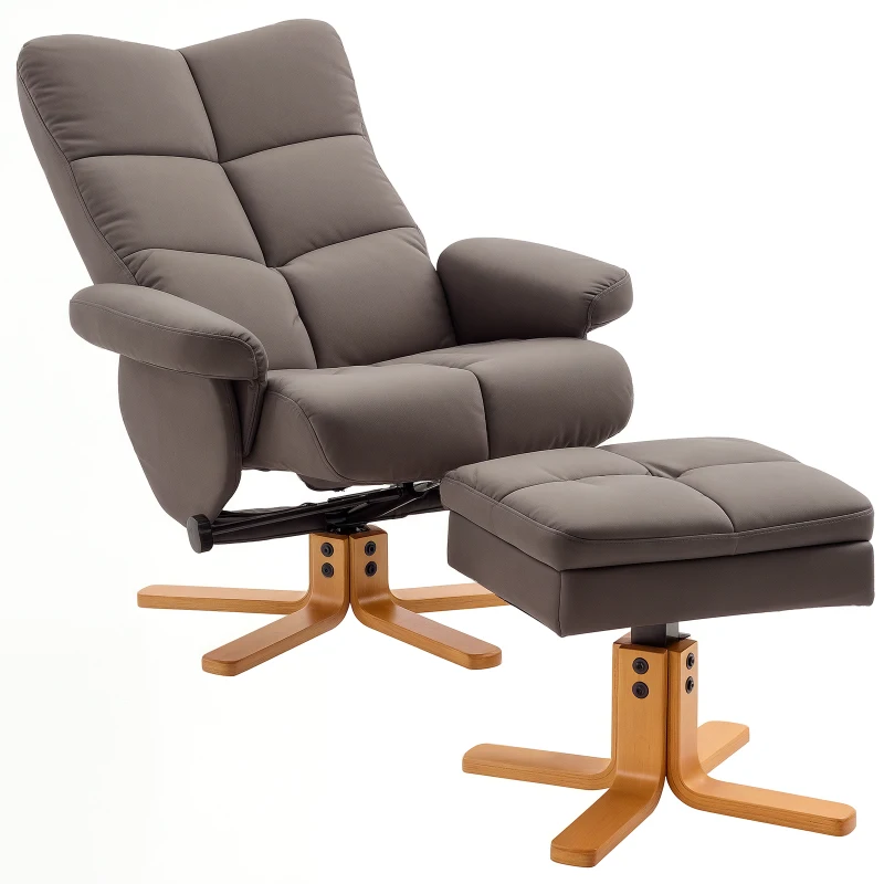 HOMCOM Swivel Recliner Chair and Footstool with Hidden Storage, Upholstered Recliner Armchair with Solid Wood Base for Living Room, Brown(m-10)