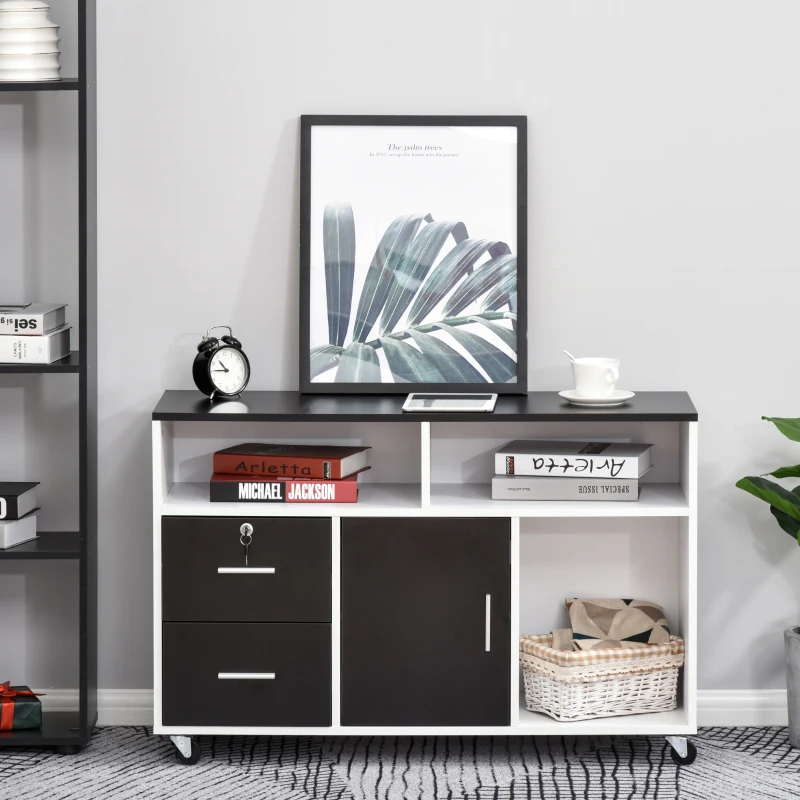 Support d'imprimante Organiseur Bureau Caisson Placard + 2 tiroirs + niches + Grand Plateau Panneaux Particules (Noir)