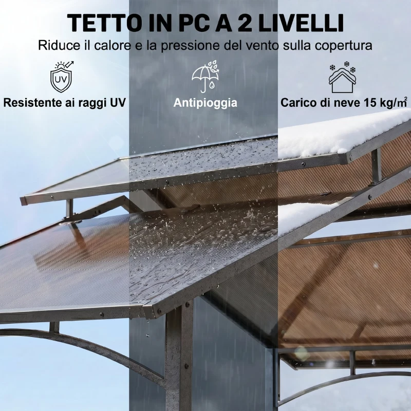 Outsunny Gazebo da Giardino per Barbecue, Doppio Tetto Anti-UV e Struttura in Acciaio con Mensole, 240x150x250cm, Nero