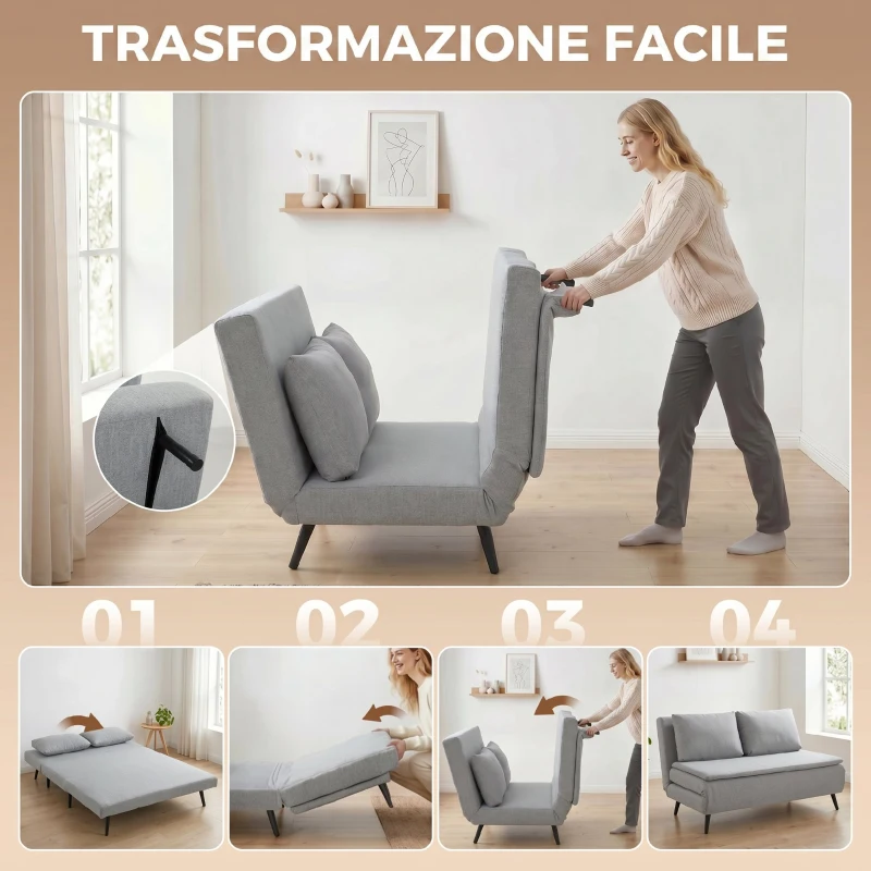 HOMCOM Divano Letto 2 Posti 3 in 1 in Tessuto Effetto Lino con 2 Cuscini, Struttura in Eucalipto, Grigio Chiaro