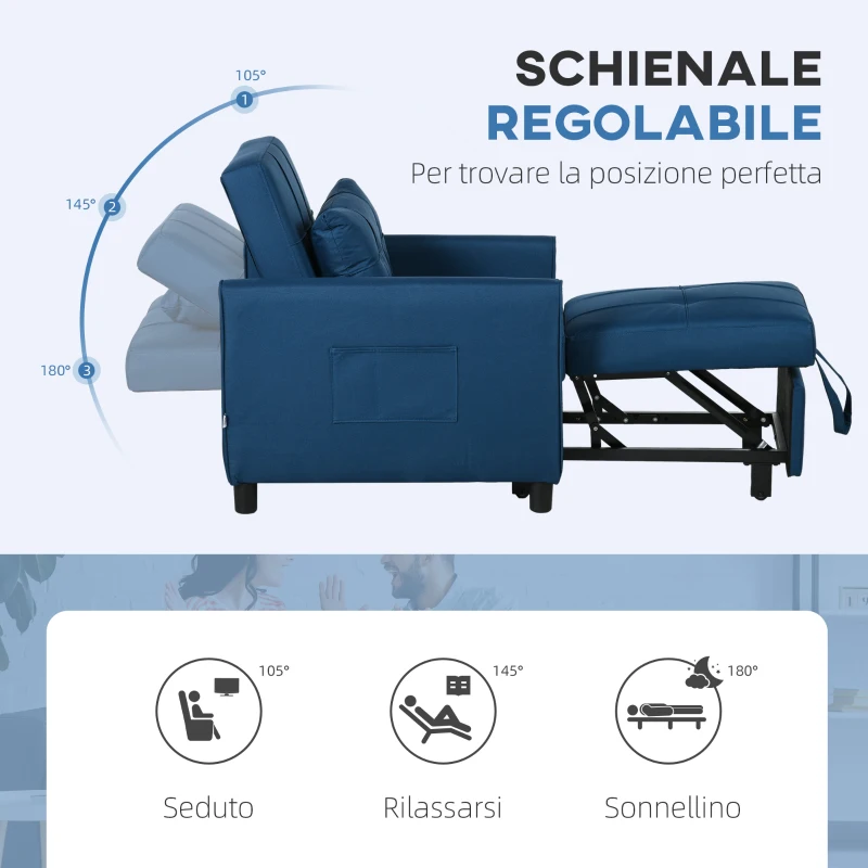 HOMCOM Poltrona Letto Singola Reclinabile su 3 Livelli con Cuscino e 2 Tasche Laterali, 69x82x85cm, Blu