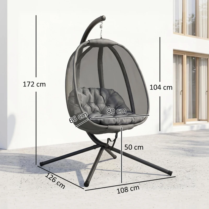 Outsunny Hanging Egg Chair, Folding Texteline Swing Hammock with Side Pocket, Cushion and Stand for Indoor Outdoor, Patio Garden Furniture, Grey
