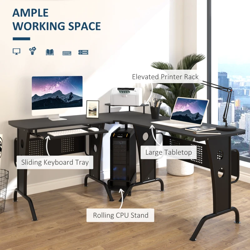 HOMCOM L-Shaped Computer Desk for PC, Corner Table for Small Spaces with Elevated Shelf, Keyboard Tray, CPU Stand, Home Office Workstation, Black