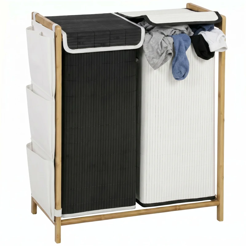 HOMCOM Cesto de Roupa Suja com Tampa 120L de Bambu com 2 Compartimentos Sacos com Cordão Bolsos Laterais Branco e Preto