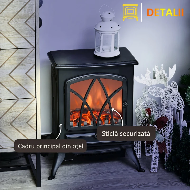 HOMCOM Șemineu Electric cu Efect de Flacără Stil Retro, Termostat 1000-2000W și Lumină Reglabilă, Negru