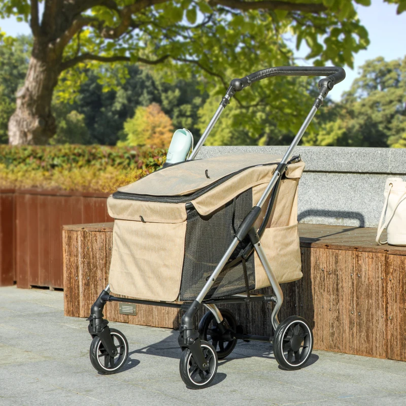 PawHut Hundewagen, Leichter und faltbarer Transportwagen für kleine Hunde, waschbares Kissen, Netzfenster, Khaki