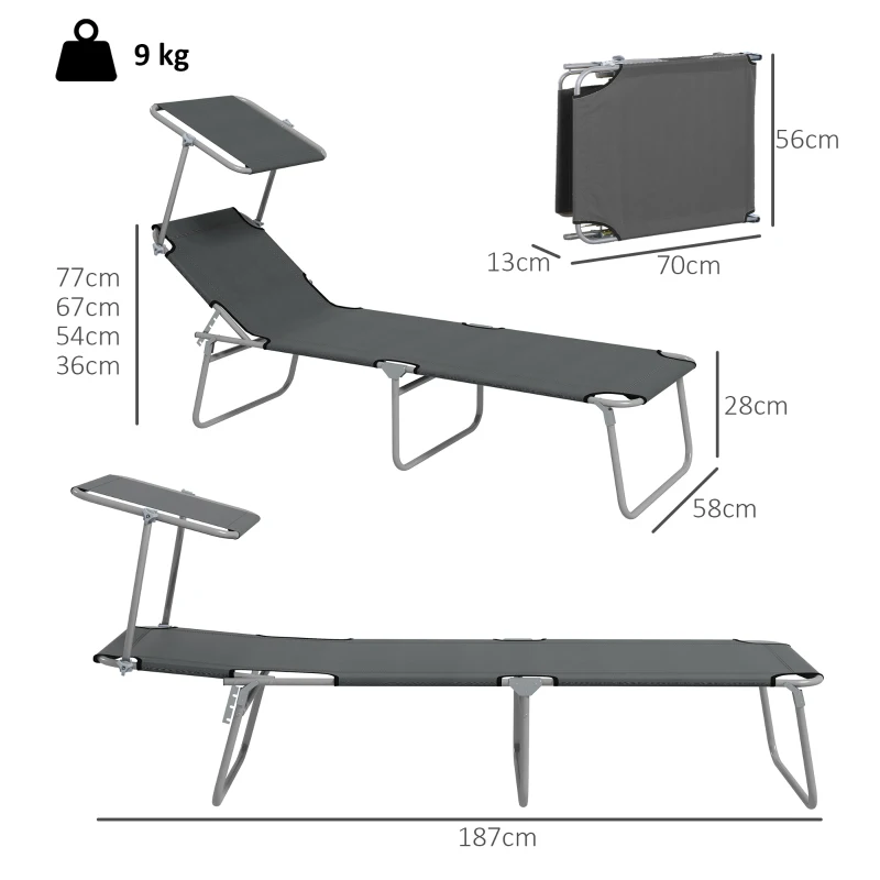 Outsunny Folding Sun Lounger Set of 2 with Canopy, Reclining Sunbed with 4-Position Adjustable Backrest, 600D Oxford Cloth, Portable Garden Lounger Recliner Chair for Beach, Camping, Patio, Grey