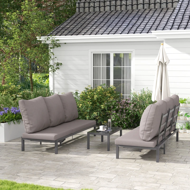 Outsunny Ensemble de salon de jardin modulable, 2 bains de soleil avec matelas + 1 table basse verre trempé, aluminium