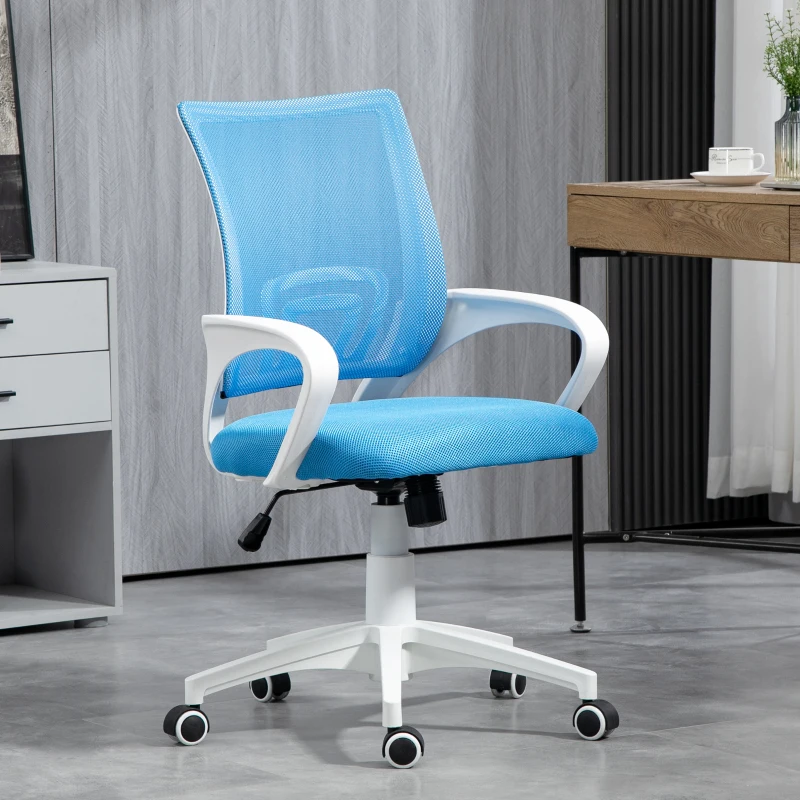 HOMCOM Cadeira de Escritório de Malha Giratória com Altura Ajustável Função Basculante e Apoio para os Braços 57x55x89-109 cm Azul