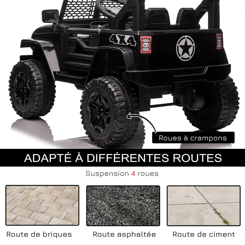 HOMCOM Voiture électrique pour enfants 12V avec télécommande, suspension à 4 roues, phares et klaxon, MP3, vitesse 3-5 km/h, pour 3-6 ans - noir