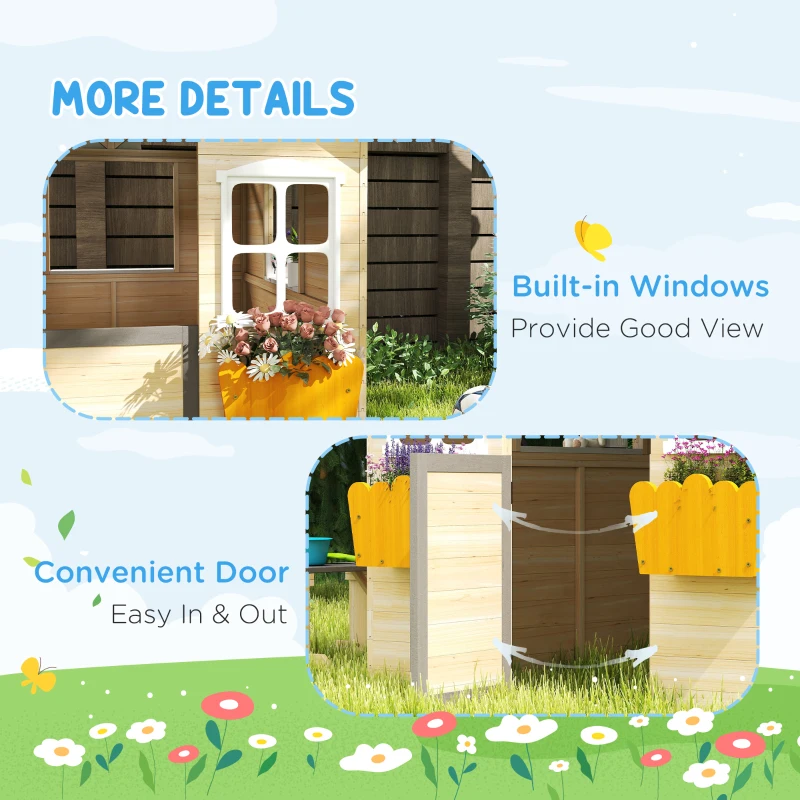 Outsunny Wooden Playhouse for Kids Outdoor Wendy House with Door, windows, Bench, Service Stations, Flowerpot Holder, For Ages 3-7 Years